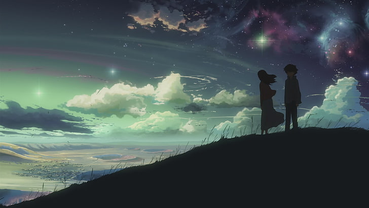 силуэт двух людей, стоящих на холме цифровые обои, космос, аниме, звезды, 5 сантиметров в секунду, HD обои
