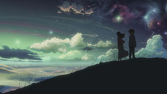 силуэт двух людей, стоящих на холме цифровые обои, космос, аниме, звезды, 5 сантиметров в секунду, HD обои HD wallpaper