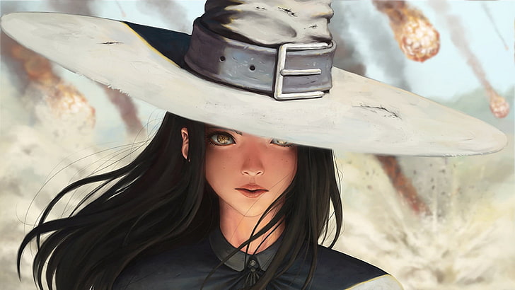 painting of woman 3D, black hair, white clothing, hat, artwork, HD wallpaper