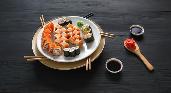 Mat, Sushi, fisk, ris, skaldjur, stilleben, HD tapet HD wallpaper