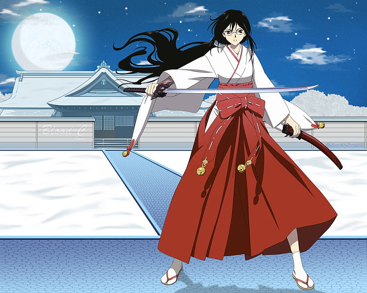 woman holding sword with black hair digital wallpaper, girl, brunette, kimono, sword, moon, glasses, HD wallpaper