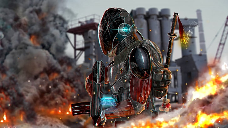 robot con pistola sfondo digitale, arte digitale, videogiochi, Sfondo HD