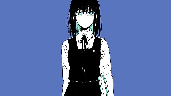 anime, manga, filles anime, fond simple, minimalisme, bleu, écolière, meganekko, cheveux noirs, lunettes, Fond d'écran HD