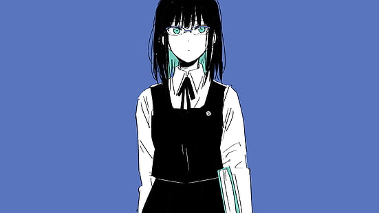 anime, manga, filles anime, fond simple, minimalisme, bleu, écolière, meganekko, cheveux noirs, lunettes, Fond d'écran HD HD wallpaper