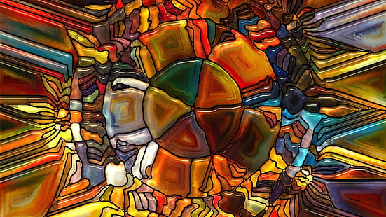 многоцветна абстрактна живопис, дигитално изкуство, абстрактно, цветно, CGI, кръг, стъкло, линии, счупено, HD тапет HD wallpaper