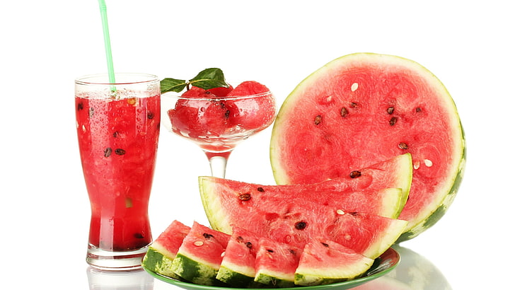 green watermelon fruit, food, watermelons, fruit, juice, white background, HD wallpaper