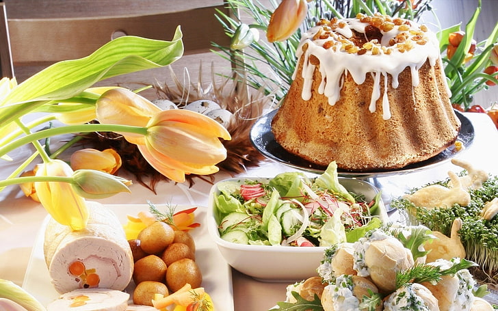 yellow tulips, table, festive, tulips, salad, batch, snack, fruitcake, eggs, HD wallpaper