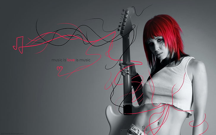 women's crop top with text overlay, girl, guitar, the love of music, HD wallpaper