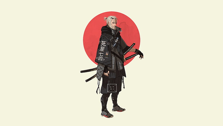 Ninja-Anime-Charakter, Fankunst, Japan, Samurai, Katana, ursprüngliche Charaktere, The Witcher, Nioh, beige Hintergrund, rot, HD-Hintergrundbild