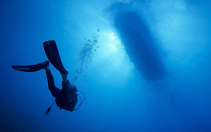 scuba diver, underwater, boat, Nature, HD wallpaper