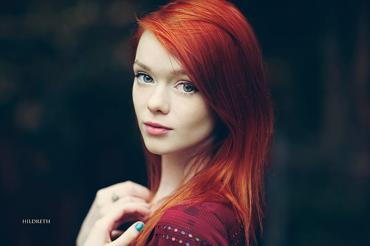 women's red crew-neck top, Suicide Girls, redhead, Lass Suicide, lips, women, face, blue eyes, Charles Hildreth, model, green eyes, looking at viewer, HD wallpaper