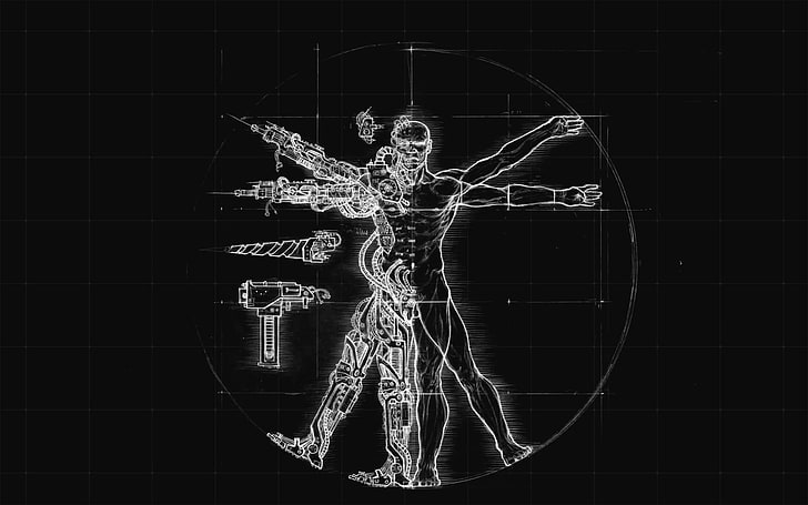 Hombre de Vitruvio de Leonardo da Vinci, diagramas, Hombre de Vitruvio, herramientas, obras de arte, cyborg, Warhammer 40,000, Fondo de pantalla HD