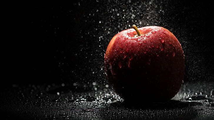 shadow, photography, water, fruit, lights, apples, black background, water drops, splashes, HD wallpaper