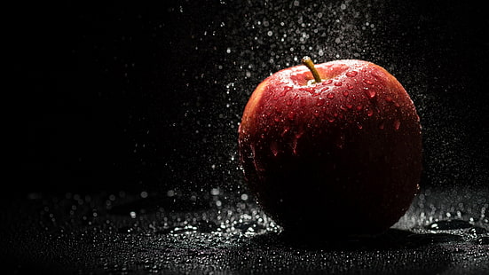 сянка, фотография, вода, плодове, светлини, ябълки, черен фон, капки вода, пръски, HD тапет HD wallpaper
