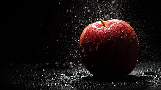 maçã vermelha, água, gotas de água, fruta, maçãs, sombra, luzes, fundo preto, fotografia, salpicos, vermelho, preto, HD papel de parede HD wallpaper