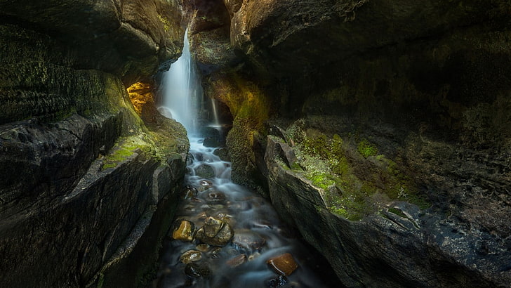 nature, landscape, waterfall, gorge, moss, canyon, long exposure, Scotland, stream, HD wallpaper