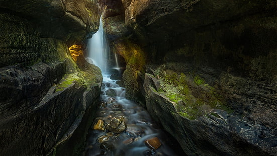natura, paesaggio, cascata, gola, muschio, canyon, lunga esposizione, Scozia, ruscello, Sfondo HD HD wallpaper