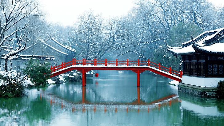 winter, snow, Suzhou Gardens, garden, China, lake, Chinese traditional architecture, HD wallpaper