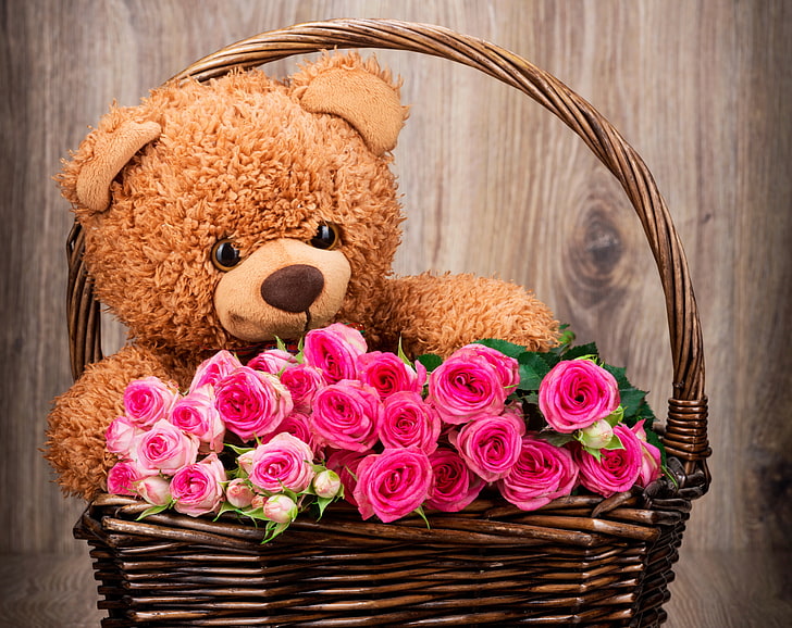 osito de peluche y rosa rosa flores, canasta, rosas, ramo, oso, rosa, flores, romántico, con amor, Teddy, Fondo de pantalla HD