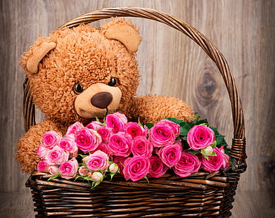 peluche orso bruno e fiori rosa rosa, cestino, rose, mazzo di fiori, orso, rosa, fiori, romantico, con amore, orsacchiotto, Sfondo HD HD wallpaper