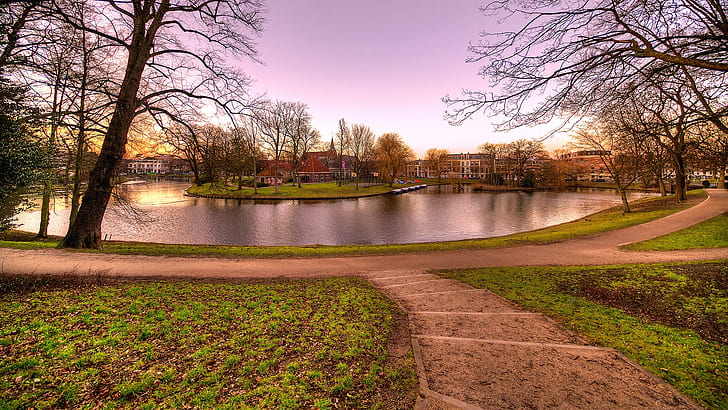 Haarlem, Países Bajos, ciudad, naturaleza, canal, árbol, parque, Fondo de pantalla HD