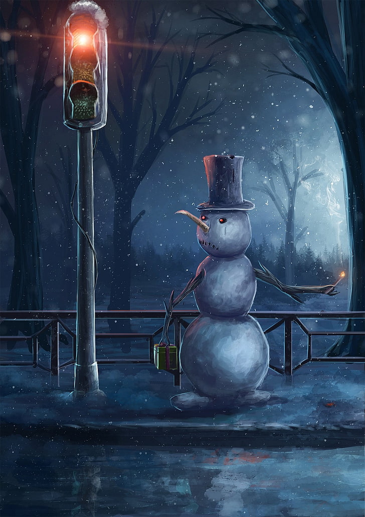 snowman wearing black top hat wall art, drawing, snow, winter, snowman, top hats, branch, snowflakes, traffic lights, trees, presents, sad, HD wallpaper