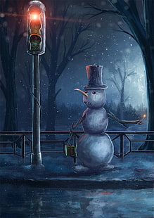 siyah şapka giyen kardan adam duvar sanatı, çizim, kar, kış, kardan adam, silindir şapka, şube, kar taneleri, trafik ışıkları, ağaçlar, hediyeler, üzgün, HD masaüstü duvar kağıdı HD wallpaper