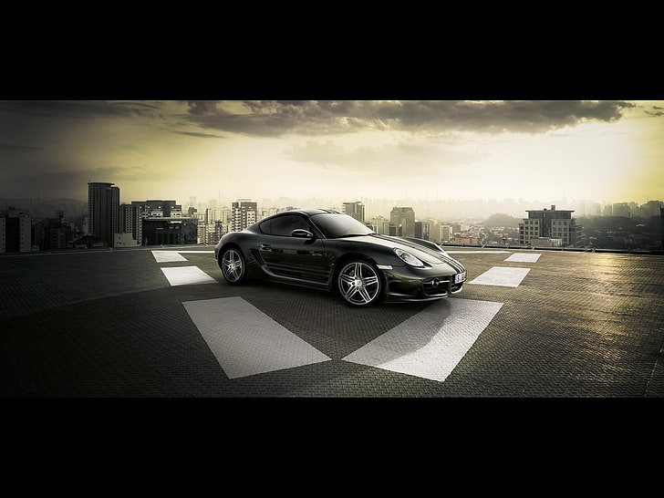 черный спортивный купе, Porsche, суперкар, черный авто, автомобиль, городской пейзаж, HD обои