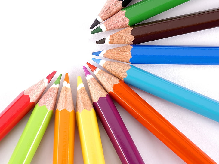 партида моливи от различни цветове, цветни моливи, молив, полукръг, ярки, цветни, HD тапет