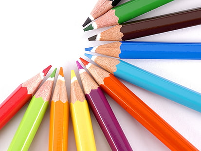 مجموعة متنوعة من أقلام الرصاص ، أقلام ملونة ، قلم رصاص ، نصف دائرة ، مشرق ، ملون، خلفية HD HD wallpaper