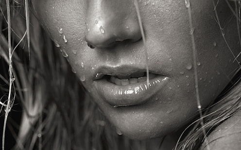 mouths, closeup, wet, monochrome, women, face, lips, open mouth, rain, water drops, wet hair, wet body, Juliane Raschke, HD wallpaper HD wallpaper