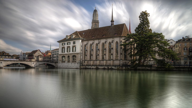 nuvole, ponte, fiume, albero, casa, Svizzera, Cattedrale, Zurigo, Sfondo HD