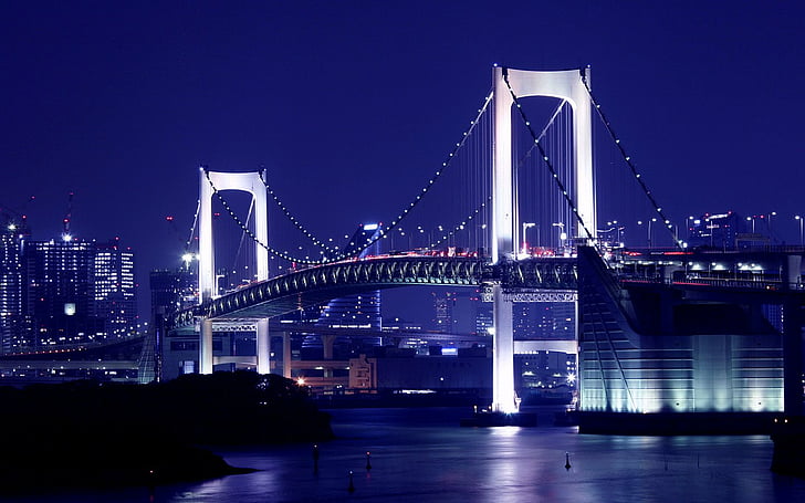 bridge, bridges, japan, night, rainbow, tokyo, HD wallpaper
