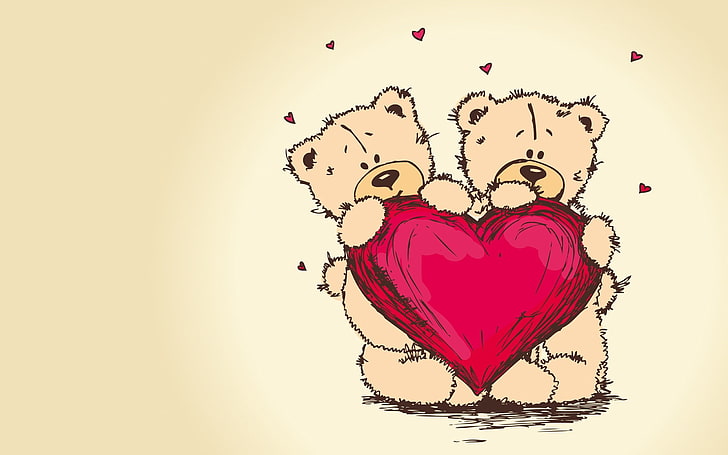 deux ours tenant un clipart coeur rouge, ours en peluche, image, romance, couple, coeur, amour, Fond d'écran HD