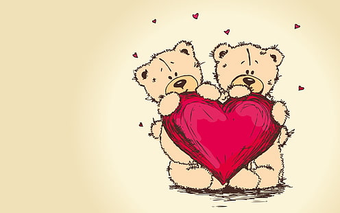 два медведя с красным сердцем картинки, плюшевые мишки, картинка, романтика, пара, сердце, любовь, HD обои HD wallpaper