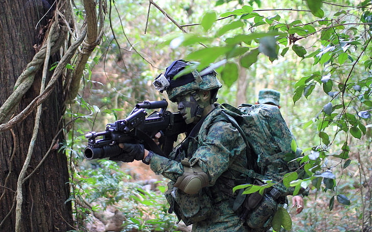 Army Gear, Assault Rifle, camouflage, forest, Grenade Launchers, military, Military Training, SAR 21, Singapore, soldier, weapon, HD wallpaper