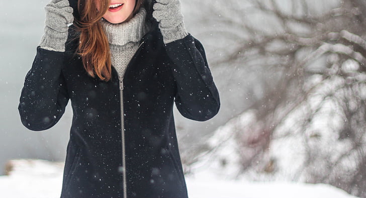 clothing, coat, cold, female, girl, jacket, smile, snow, snowflakes, warm, winter, woman, HD wallpaper