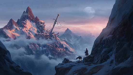 montagnes épée géante squelette os nuages ​​neige brouillard crâne art fantastique, Fond d'écran HD HD wallpaper