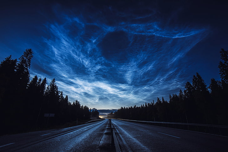 夜明け、自然、風景、長時間露光、夜、木、森、雲、道路、Ruslan Merzlyakov、霜、霧、スウェーデンの間に緑の葉の木、 HDデスクトップの壁紙