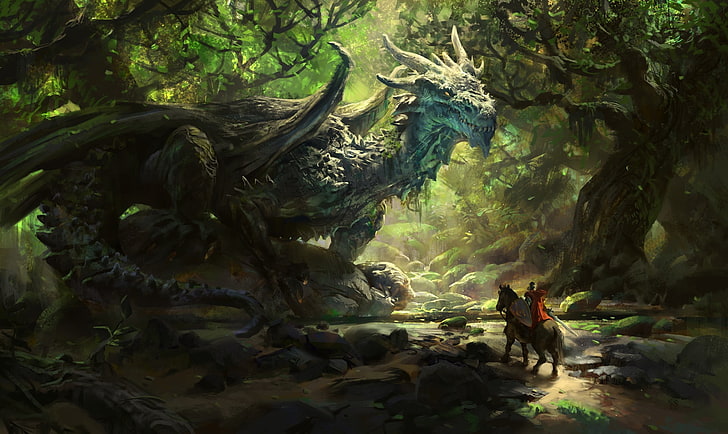 uomo a cavallo davanti al drago sfondo digitale, drago, cavallo, natura, guerriero, alberi, fantasy art, opere d'arte, DeviantArt, Sfondo HD
