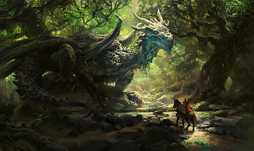 uomo a cavallo davanti al drago sfondo digitale, drago, cavallo, natura, guerriero, alberi, fantasy art, opere d'arte, DeviantArt, Sfondo HD HD wallpaper