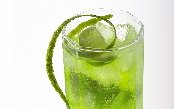 clear drinking glass, drink, glass, cold, lime, ice, HD wallpaper