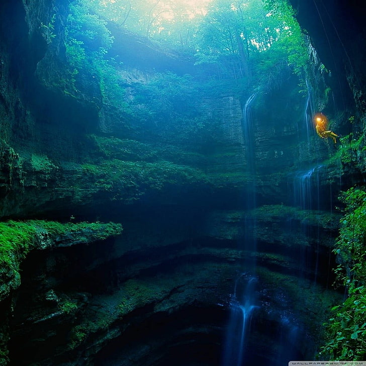 fondos de pantalla de cascadas, cueva, agua, exploración, Fondo de pantalla HD