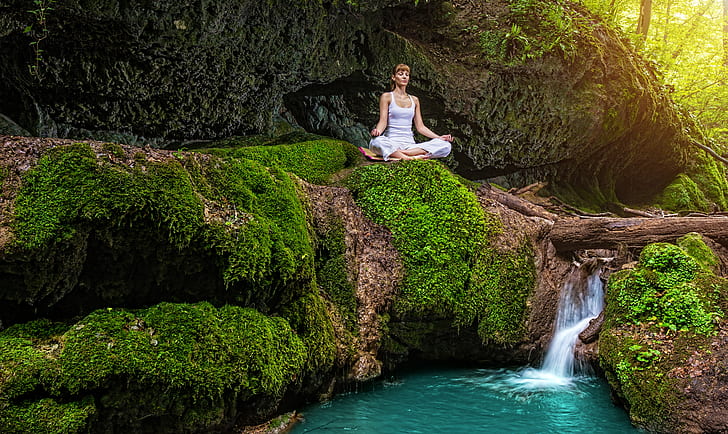forest, summer, girl, stream, stones, waterfall, moss, meditation, yoga, in white, nature, the Lotus position, HD wallpaper