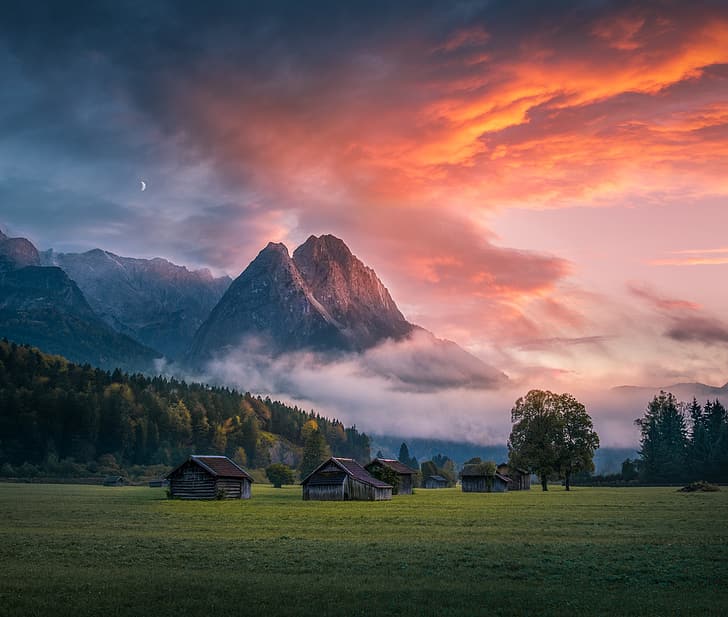 the sky, clouds, light, mountains, the evening, morning, sheds, HD wallpaper