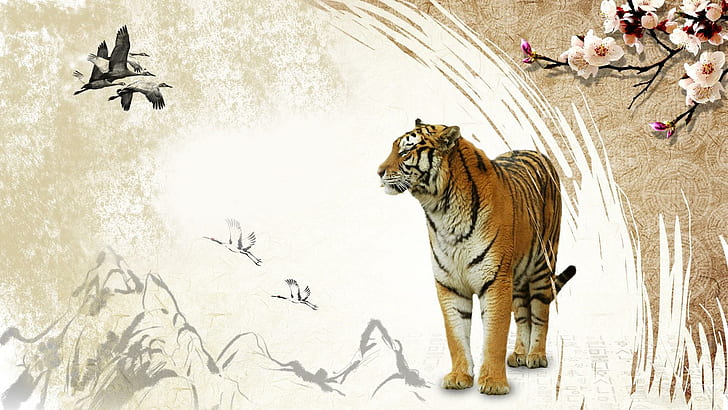 Tiger Iii, pintura de tigre, tigre, firefox persona, oriental, flores de cerezo, sakura, animal salvaje, patos, animales, Fondo de pantalla HD