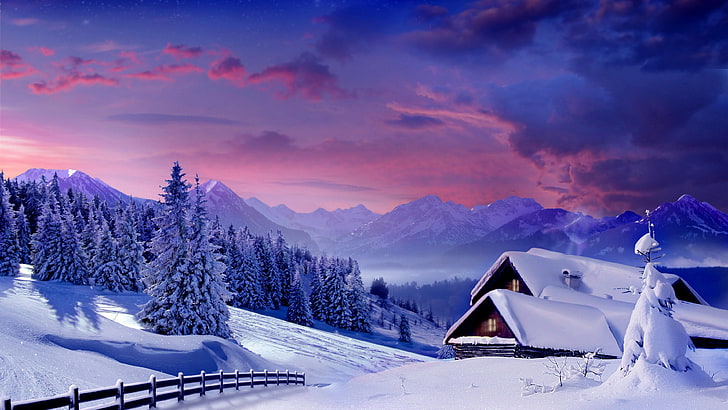 hutan, pegunungan Alpen, titik beku, awan, bentang alam pegunungan, alam, pegunungan, salju, langit, rumah, pagar, pinus, gunung, lanskap, musim dingin, bersalju, kabin kayu, Wallpaper HD