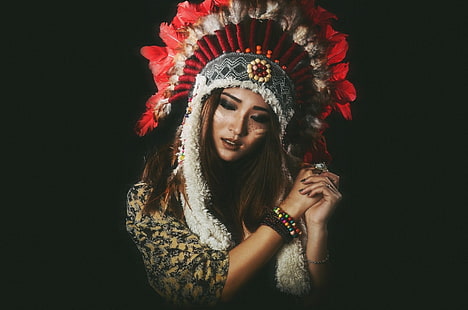 Mujeres, nativo americano, asiático, pluma, niña, tocado, modelo, mujer, Fondo de pantalla HD HD wallpaper