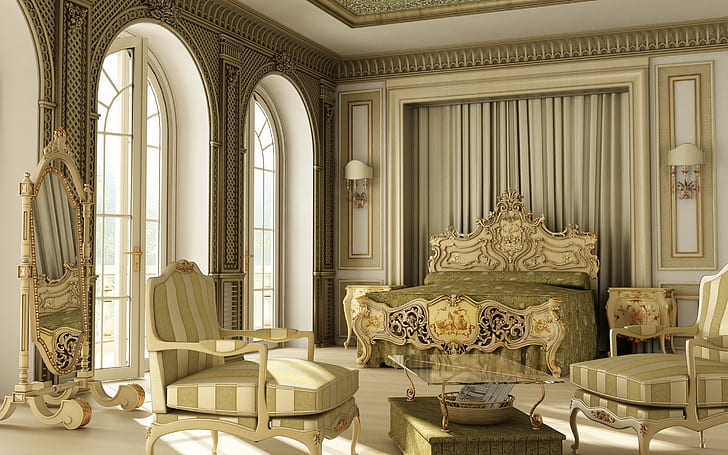 Спалня Imperial, легло, стол, щори, диван, мебели, реколта мебели, HD тапет