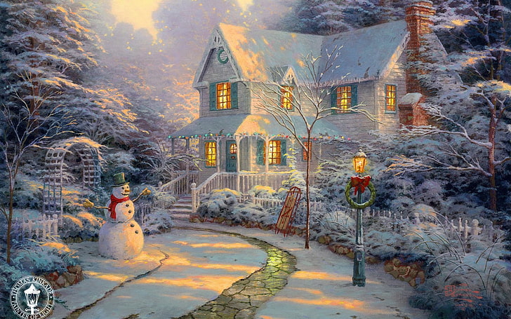 灰色の木造2階建ての家、日没、家、休日、トラック、ランタン、雪だるま、絵画、クリスマス、コテージ、そり、冬、トーマスキンケード、クリスマス前夜、クリスマス前夜、 HDデスクトップの壁紙